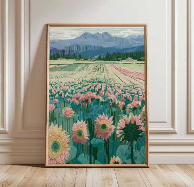 Sunflower Field Poster, Mountain Landscape Print, Nature Wall Art - image 1