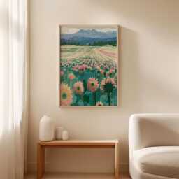 Sunflower Field Poster, Mountain Landscape Print, Nature Wall Art - thumbnail 3