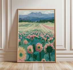 Sunflower Field Poster, Mountain Landscape Print, Nature Wall Art - thumbnail 1