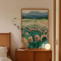 Sunflower Field Poster, Mountain Landscape Print, Nature Wall Art - thumbnail 2