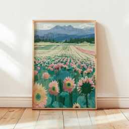 Sunflower Field Poster, Mountain Landscape Print, Nature Wall Art - thumbnail 4