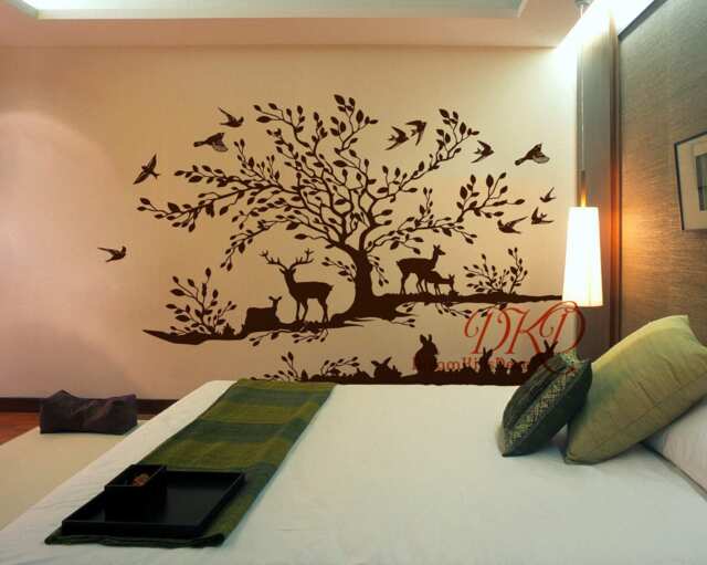 Tree Wall Decal, Woodland Decor, Grey Birch Tree With Buck Deer, Woodland Theme Nursery Wall Stickers-Trees Deer, Hare Birds-Dk085 - image 1