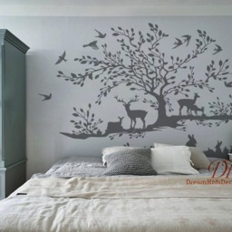 Tree Wall Decal, Woodland Decor, Grey Birch Tree With Buck Deer, Woodland Theme Nursery Wall Stickers-Trees Deer, Hare Birds-Dk085 - thumbnail 3