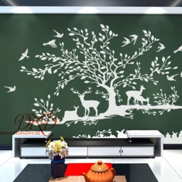 Tree Wall Decal, Woodland Decor, Grey Birch Tree With Buck Deer, Woodland Theme Nursery Wall Stickers-Trees Deer, Hare Birds-Dk085 - thumbnail 2