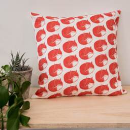 Fox Print Cushion - Orange-Red Lino Print, Animal Pattern - thumbnail 1