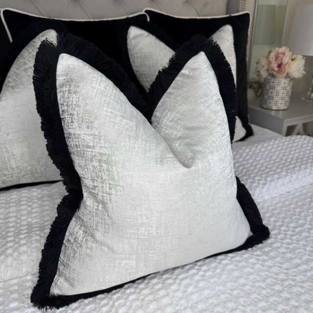 Elegant Fringed Pillow Cover Luxurious Amelie Cushion Cover For Sofa, Bed - White With Silver & Black Trim - image 1