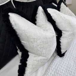 Elegant Fringed Pillow Cover Luxurious Amelie Cushion Cover For Sofa, Bed - White With Silver & Black Trim - thumbnail 2
