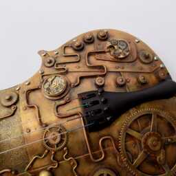 steampunk Violin Sculpture Mixed Metal Clockwork Art - thumbnail 3