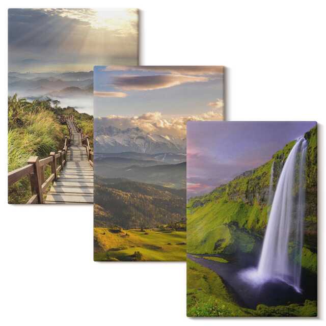 Canvas Wall Art Set Of 3 - Picturesque Mountain Landscapes With A Waterfall & Path, Green Large Art, Decor - image 1
