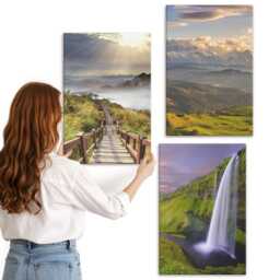 Canvas Wall Art Set Of 3 - Picturesque Mountain Landscapes With A Waterfall & Path, Green Large Art, Decor - thumbnail 2