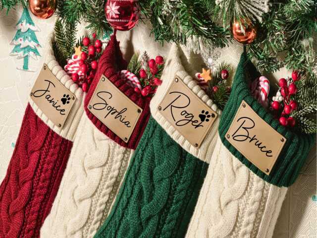 2026 Engraved Leather Patch Stockings, Christmas Stockings With Name, Dog Bone Christmas Stockings, Knit Stocking, Family Stocking, Holiday Decor - image 1