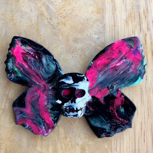 Roxy Butterfly Skullie Unique Art Piece Skull Butterfly - Handmade Fluid Acrylic Poured On Masonite Neon Colorful Vibrant - image 1