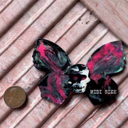 Roxy Butterfly Skullie Unique Art Piece Skull Butterfly - Handmade Fluid Acrylic Poured On Masonite Neon Colorful Vibrant - thumbnail 2