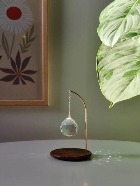standing Suncatcher Pendulum Minimalist Tabletop Rainbow Maker - Crystal Light Catcher Brass & Wood Desk Decor, Handmade in France - image 1