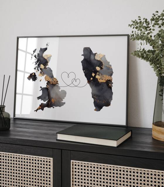 Britain & Dominica Map Black & Gold Travel Wall Art Print - United Kingdom UK - image 1