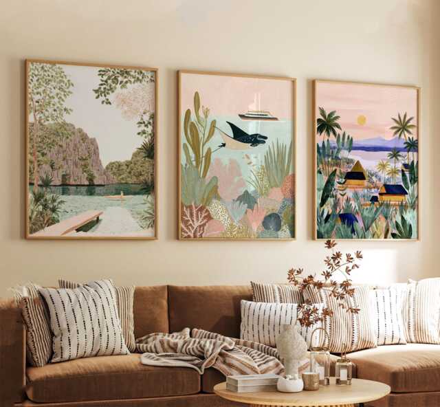 Palawan Philippines Poster Set Of 3, Vintage Travel Illustration Wall Art, Tropical Landscape Prints, Retro Style - image 1