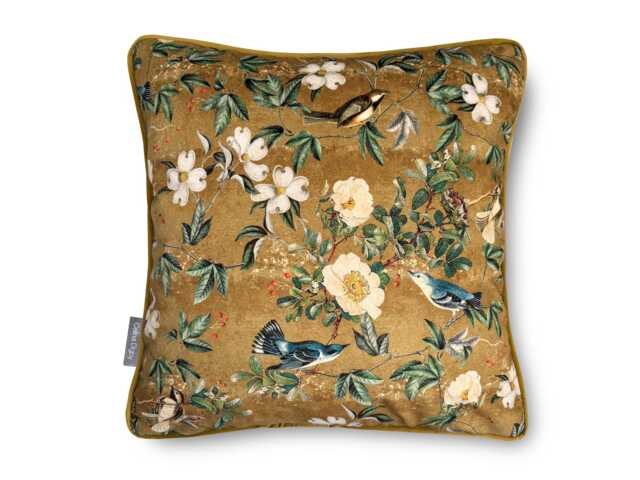 Celina Digby?? Luxury Designer Velvet Cushion Cover Pillow, Floral Bird Design With Piping, Available in 3 Sizes - Wild Rose Antique Gold - image 1
