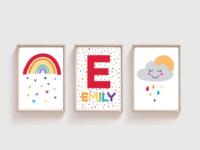 Set Of 3 Rainbow Prints, Wall Art, Girls Nursery Colourful Playroom Name Print, Boys Print - image 1