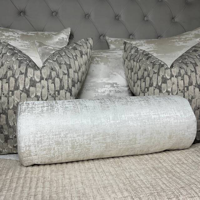 "Amelie Cushion 100% Duck Feather White Silver Shimmer Bolster 16"" X 6" - image 1