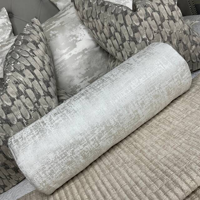 "Amelie Bolster Cushion White Silver Shimmer Designer Fabric, 16"" X 6" - image 1