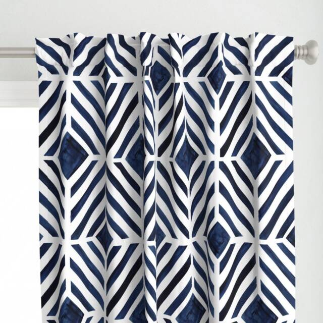 Indigo Watercolor Curtain Panel - Geometric Dark Blue Diamonds Custom Geo Stripe By Crystal_Walen - image 1