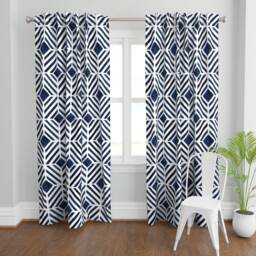 Indigo Watercolor Curtain Panel - Geometric Dark Blue Diamonds Custom Geo Stripe By Crystal_Walen - thumbnail 2