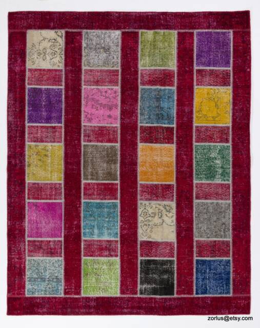 Handmade Turkish Patchwork Rug Multicolor Wool, Red Background - 8' X 10' - image 1