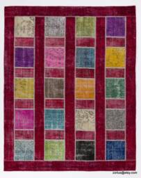Handmade Turkish Patchwork Rug Multicolor Wool, Red Background - 8' X 10' - thumbnail 1