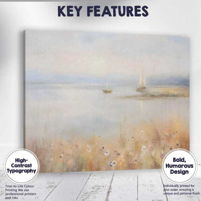 Soft Pastel Coastal Sailboats Misty Seascape Painting Canvas Wall Art Print Decor Picture Ready To Hang - image 1