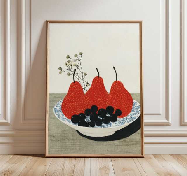 Modern Still Life Wall Art Print, Red Pears & Grapes Poster, Minimal Kitchen Art, Fruit Painting For Dining Room Or Home Interior - image 1