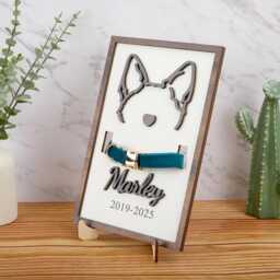 Dog Ears Framed Art, Personalized Line Drawing, Memorial Pet Collar Frame, Dog Wood Frame With Holder, Dog Lover Gift - thumbnail 2
