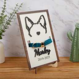 Dog Ears Framed Art, Personalized Line Drawing, Memorial Pet Collar Frame, Dog Wood Frame With Holder, Dog Lover Gift - thumbnail 3