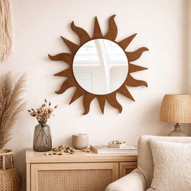 Dark Brown Sunburst Mirror, Wood Frame, Handmade Sun Wall Hanging, Boho Decor - image 1