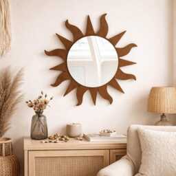 Dark Brown Sunburst Mirror, Wood Frame, Handmade Sun Wall Hanging, Boho Decor