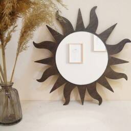 Dark Brown Sunburst Mirror, Wood Frame, Handmade Sun Wall Hanging, Boho Decor - thumbnail 4