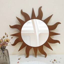 Dark Brown Sunburst Mirror, Wood Frame, Handmade Sun Wall Hanging, Boho Decor - thumbnail 2