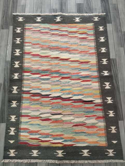 Handmade Afghan Kilim Rug, Multicolour Artisan Turkish Persian Navajo Flatweave, Natural Wool, Tribal Geometric Design 151x104 cm - image 1