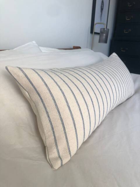 Blue Stripe Bolster Pillow Cover, Neutral Woven Cotton, Bohemian Decor - image 1