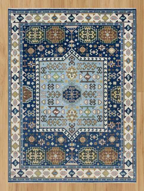 Hand Knotted Navy Oushak Wool Rug, Geometric Living Room Carpet Ar_3709 - image 1