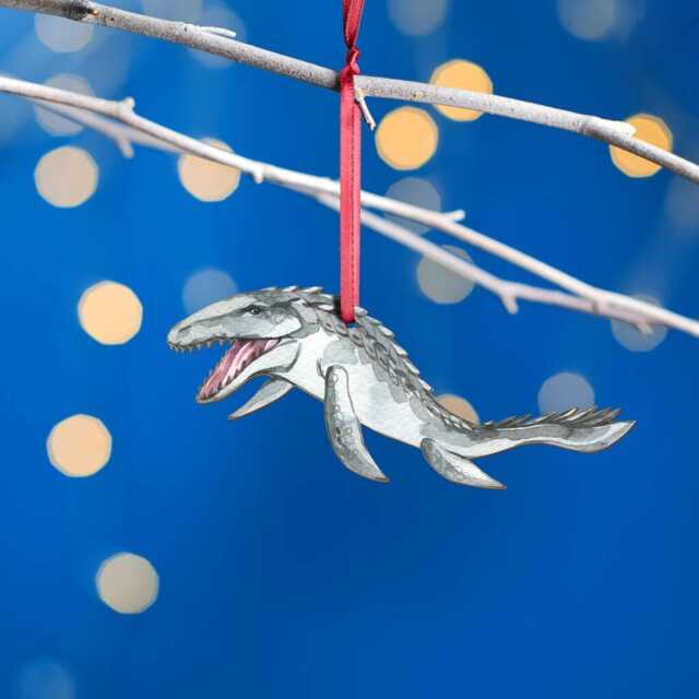 Wooden Mosasaurus Dinosaur Christmas Tree Decoration, Birch Plywood Lover Gift, Keepsake, Watercolourart - image 1