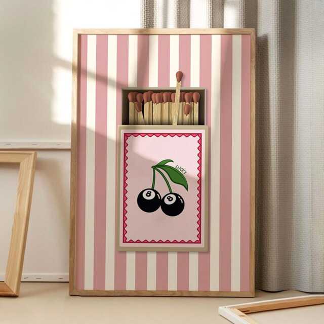 Vintage Lucky 8 Ball Cherry Matchbox Stripe Art Canvas Poster, Wall Art, Apartment Aesthetic Decor, Retro Home Printed Gift - image 1