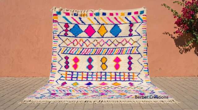 Vibrant Multi-Color Moroccan Rug, Neon Pink & Azure Blue Geometric Carpet, Handmade Abstract Wool Maximalist Eclectic Area Rug - image 1