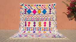 Vibrant Multi-Color Moroccan Rug, Neon Pink & Azure Blue Geometric Carpet, Handmade Abstract Wool Maximalist Eclectic Area Rug