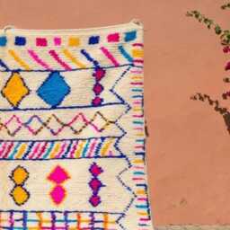 Vibrant Multi-Color Moroccan Rug, Neon Pink & Azure Blue Geometric Carpet, Handmade Abstract Wool Maximalist Eclectic Area Rug - thumbnail 3