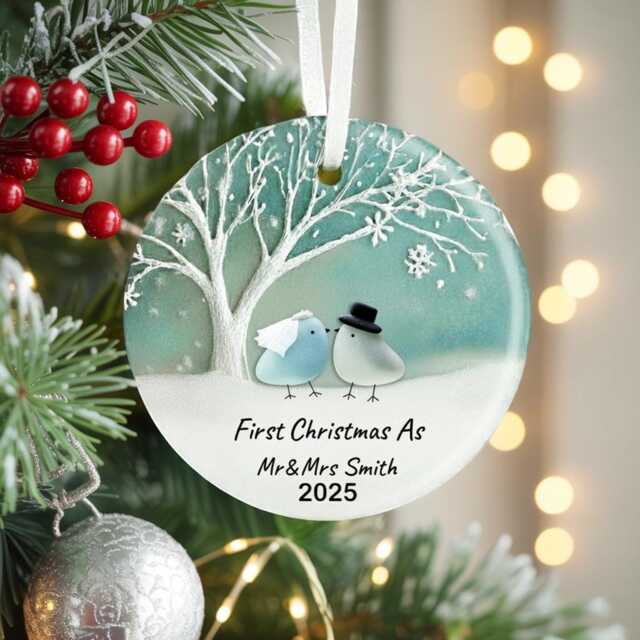 First Christmas As Mr & Mrs Ornament 2025, Personalized Sea Glass Ceramic With Name, Newlywed Wedding Gift Keepsake - image 1