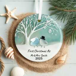 First Christmas As Mr & Mrs Ornament 2025, Personalized Sea Glass Ceramic With Name, Newlywed Wedding Gift Keepsake - thumbnail 4