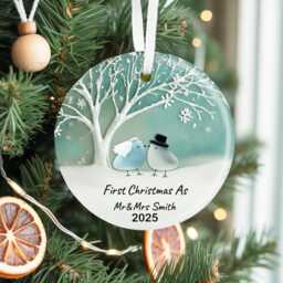 First Christmas As Mr & Mrs Ornament 2025, Personalized Sea Glass Ceramic With Name, Newlywed Wedding Gift Keepsake - thumbnail 3