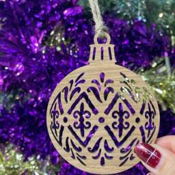 Wooden Traditional Bauble Christmas Tree Decoration - Xmas Ornament in Oak, Walnut Cherry Wood -Or- Silver, Gold, Red, Green Glitter - thumbnail 1