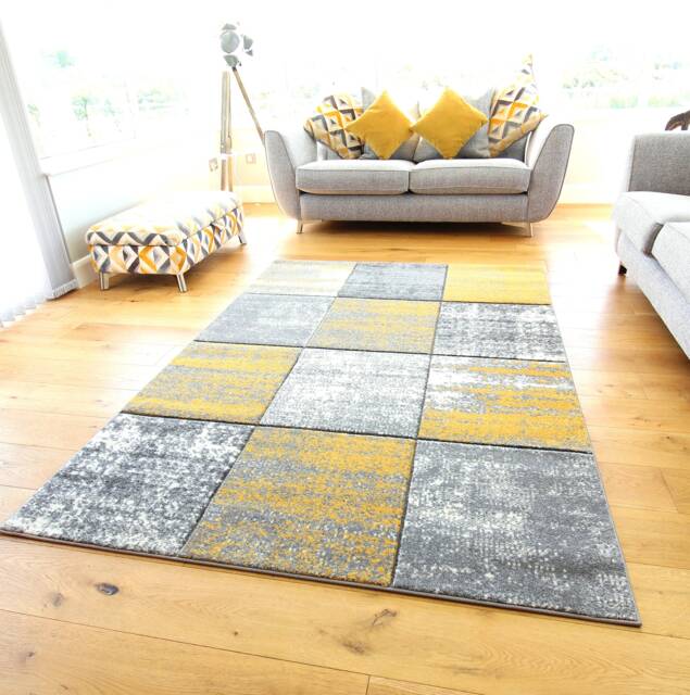 New Mustard Ochre Silver Grey Cream Rugs Small Large Mats Modern Blocks Design UK
