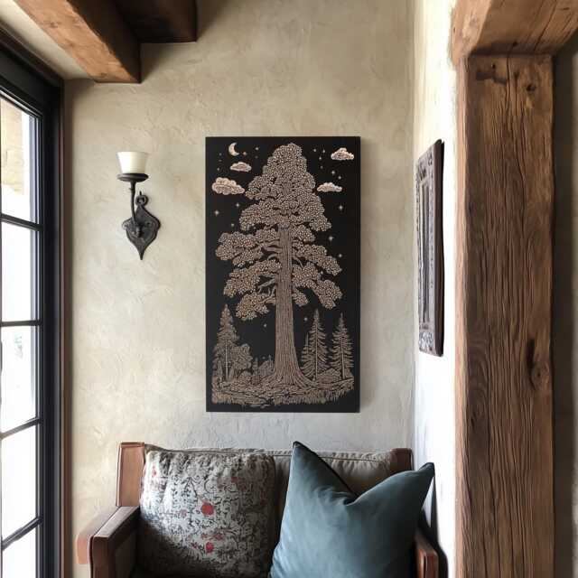Sequoia Tree Engraved Birch Wood Panel - Block Print Inspired California Wall Art, Nature Lover Illustration Print, Mountain Home Decor Gift - image 1